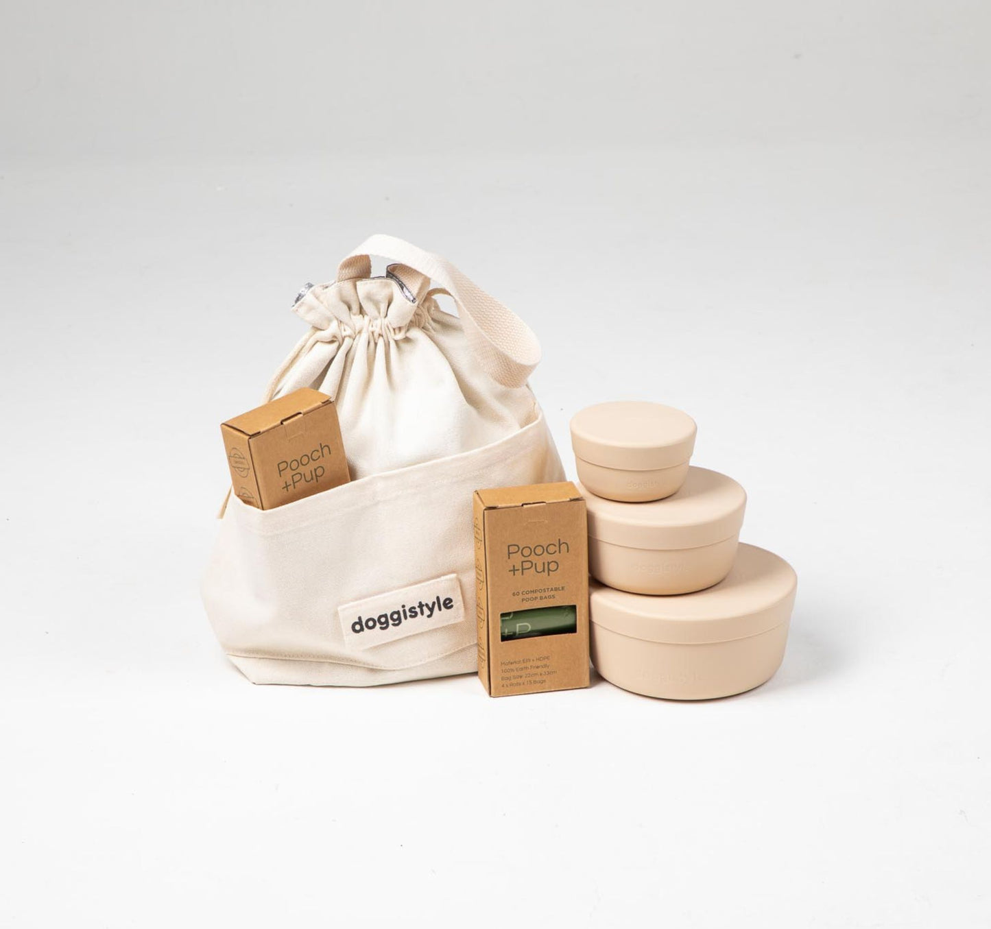 Personalised dog travel bag bundle with insulated tote, beige food storage containers, and waste bags.