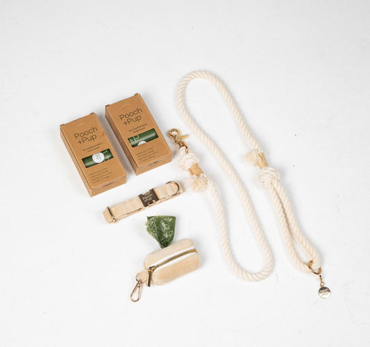 Cotton dog lead, velvet beige adjustable collar, matching beige velvet poop bag holder & compostable poop bags.