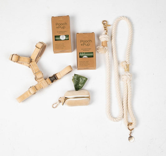 Cotton dog lead, velvet beige adjustable y-front harness matching beige velvet poop bag holder & compostable poop bags.