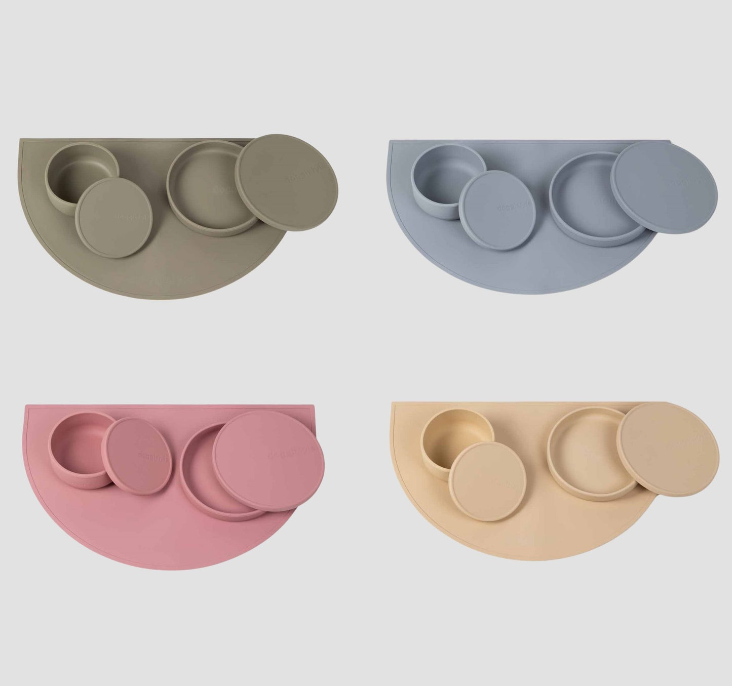 Silicone dog bowls with lid & silicone food mat. Green, pink, blue & beige feeding station. Travel bowls leak & smell proof.