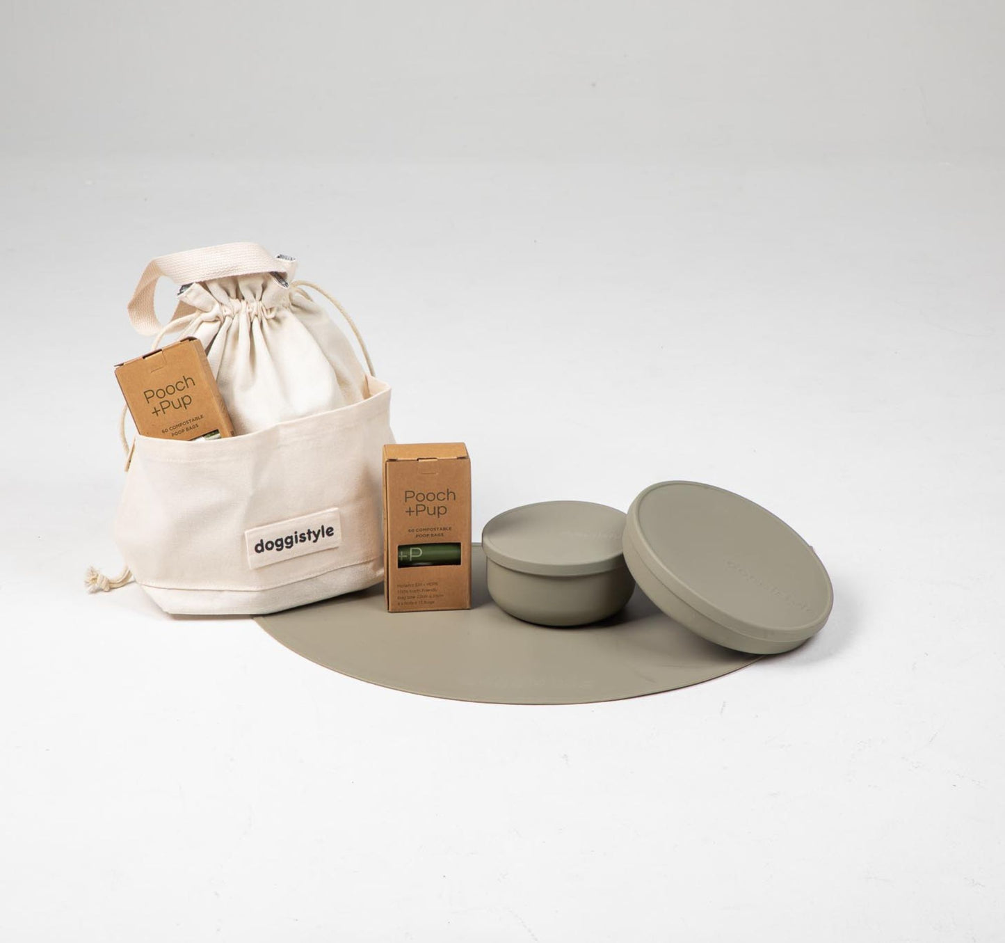 Dog food cooler travel bag & dog bowls with lid in green plus compostable poop bags.