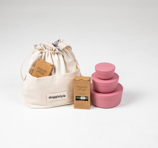 Travel Cooler Tote with pink silicone dog food storage containers and waste bags, leak-proof and portable for dog meals on the go.
