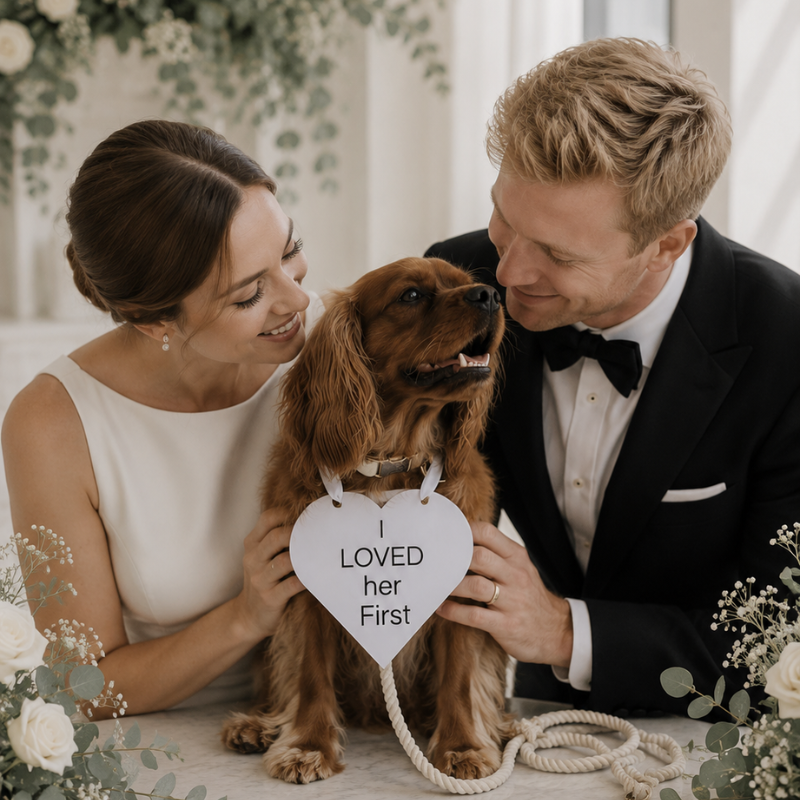 Couple holding a dog with a 'I LOVED her FIRST' sign, surrounded by floral decorations.