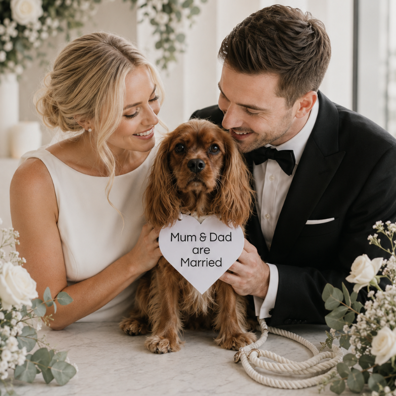 Couple in wedding attire with a dog holding a 'Mum & Dad are Married' sign, surrounded by flowers.