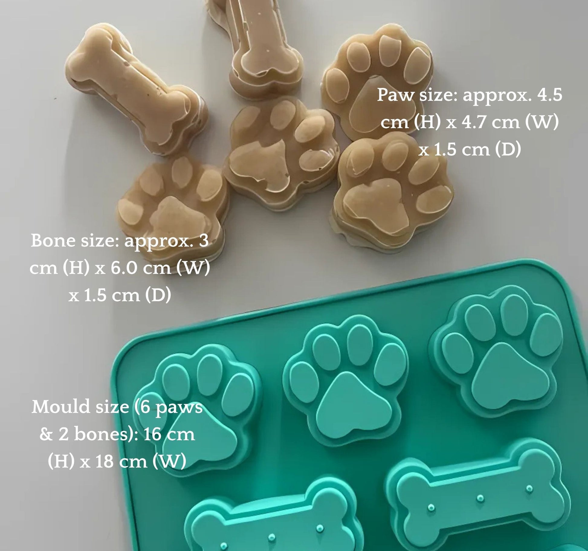 Teal silicone mold with paw and bone shapes and measurements on a white background