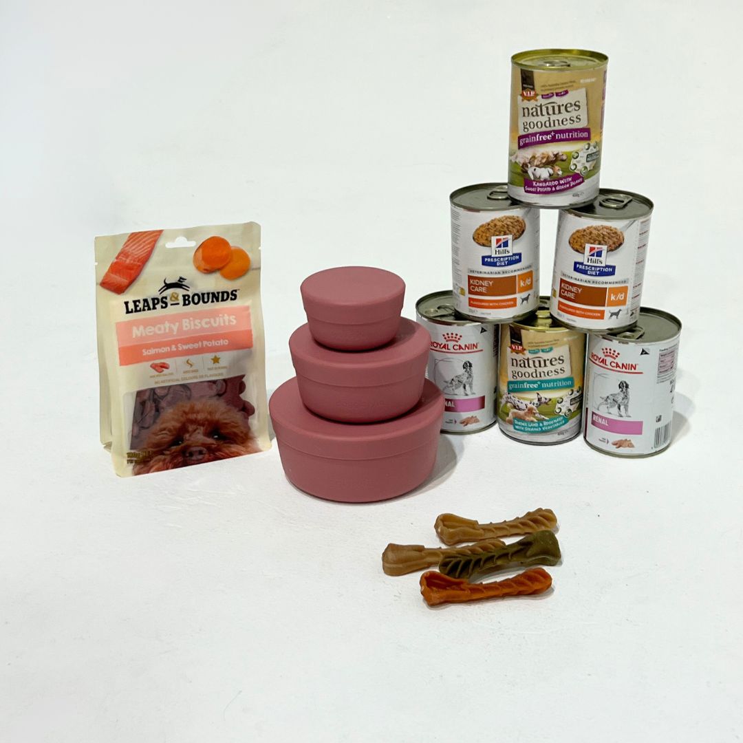 Display of the different dog food types that can be stored in these dog food containers.