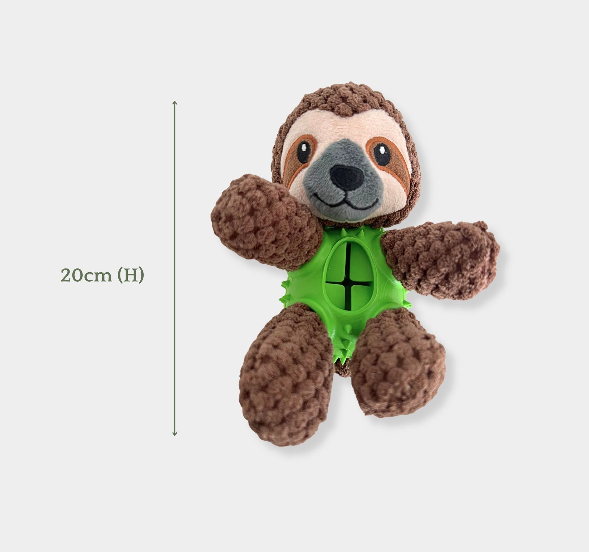 Plush sloth toy on a white background, accompanied by a measurement stick indicating its height.