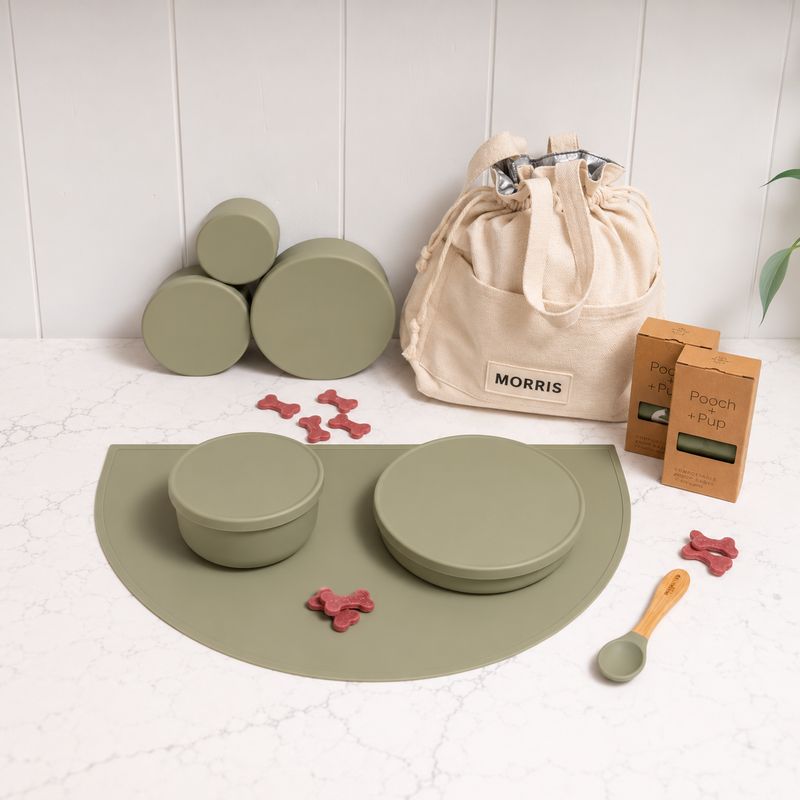 Sage dog feeding set on a bench: mat, bowl and plate with lids, storage containers, spoon and personalised tote.