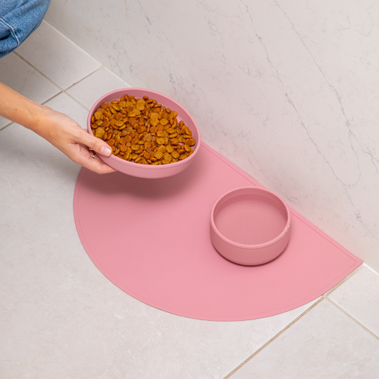 Dog feeding mat with silicone bowl and plate being placed for mealtime
